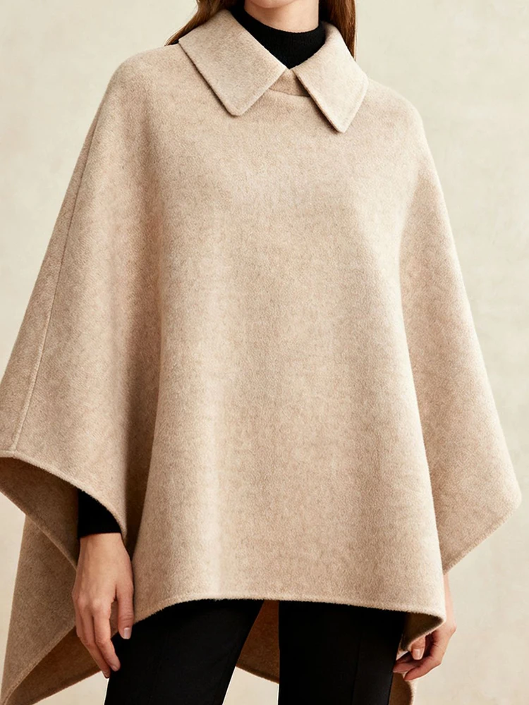 

Autumn Winter Holiday Long Cape for Women, Turn-Down Collar Fashion Solid Coat, Elegant Patchwork Simple Ladies Shawl Streetwear