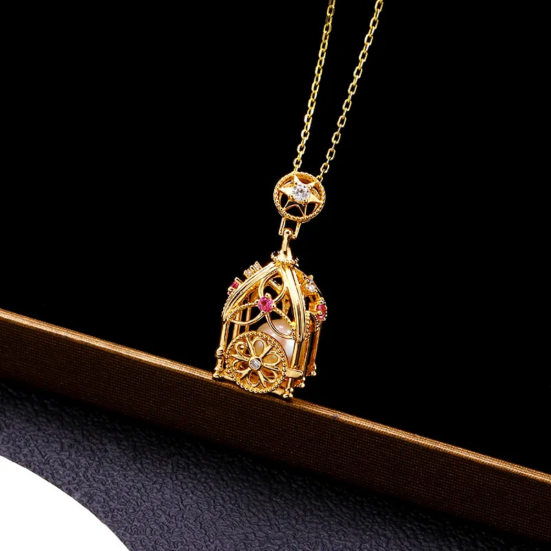 LAMOON Natural Freshwater Pearl Necklace For Women Vintage Hollow Cage Star Pendant S925 Silver K Gold Plated Brithday Gift