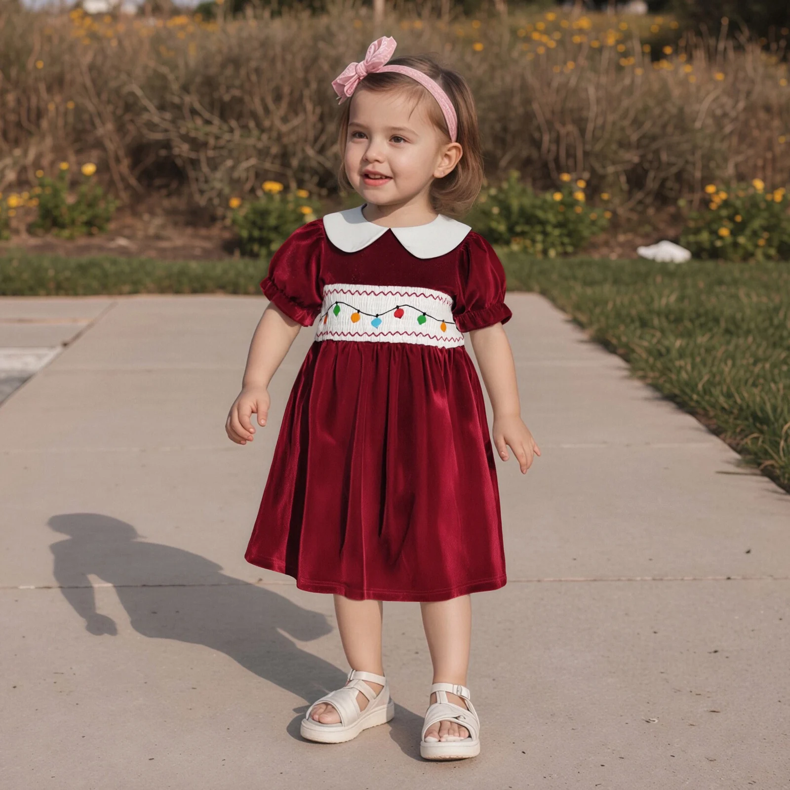 فستان للفتيات الصغيرات لعيد الميلاد على شكل حرف A، فستان مخملي مطرز بأكمام قصيرة وياقة الدمية #5