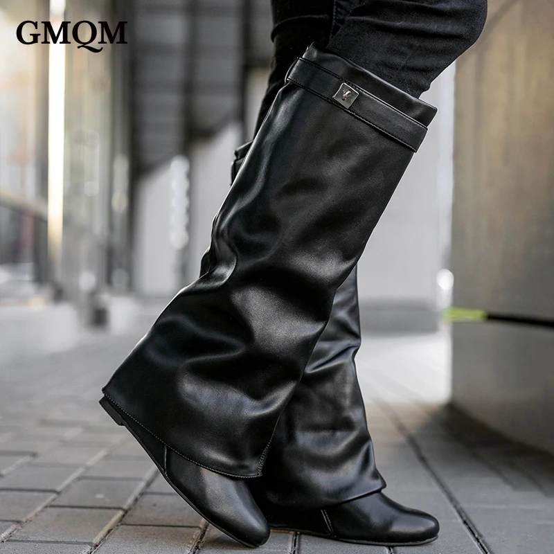 GMQM Luxury Fashion Women\'s The Knee Boots New 2023 Autumn Design Black Shark Lock Boots High Heels Wedges Wedge Fold Round Toe