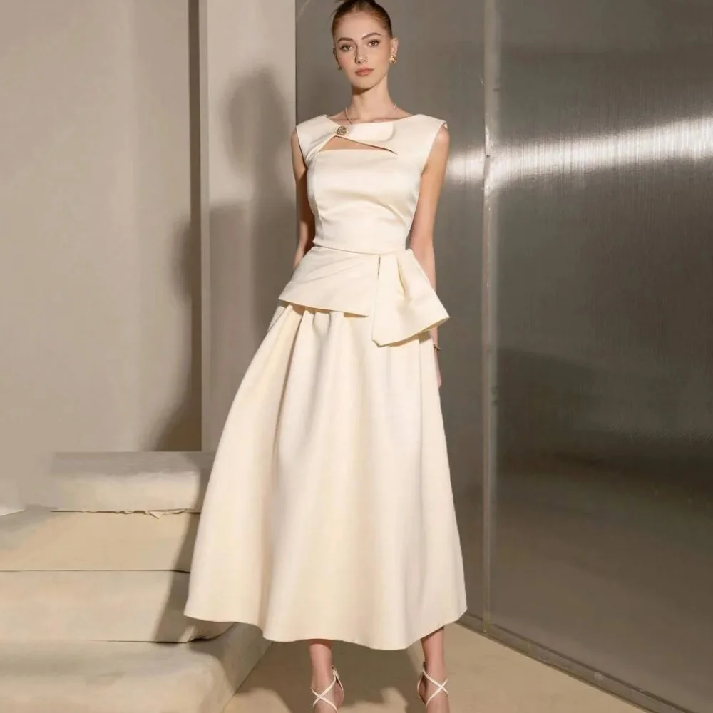 

Customized Formal Prom Dresses O Neck Elegant A Line Party Gowns Tea Length Tank Evening Dress New Arrival Vestido De Novia