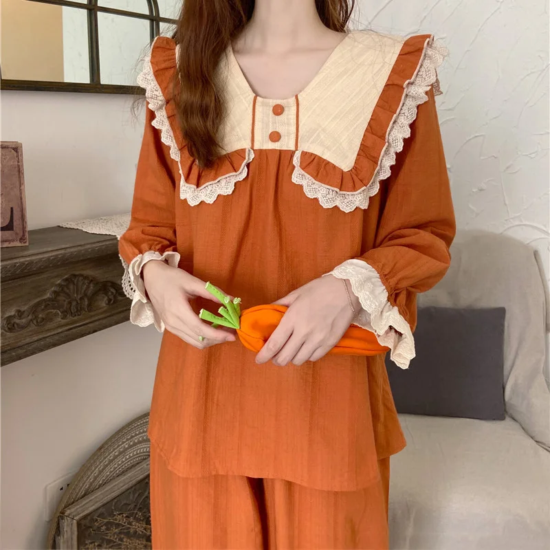 INS Pajamas Ladies Pure Cotton Pyjamas Spring Autumn New Sleepwear Long Sleeve Sweet Nightdress Lace Square Collar Home Wear Set