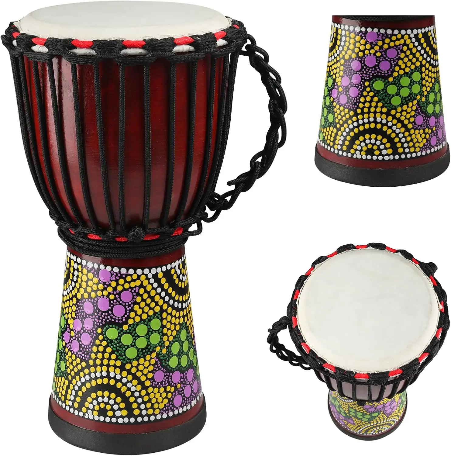 

8.5" x 16" Wood Djembe Drum, Mahogany African Drum with Goatskin Head, Hand-Painted, for Adults & Beginners