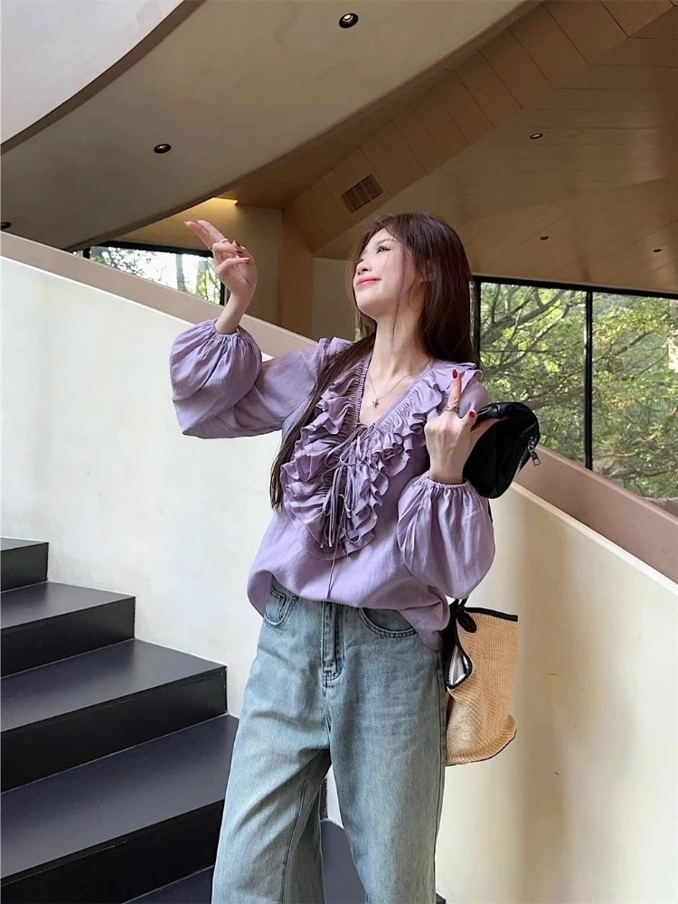 

2026 Spring Autumn Women's V Neck Shirt Ruffled Drawstring Design Unique Long Sleeve Chic Blouse