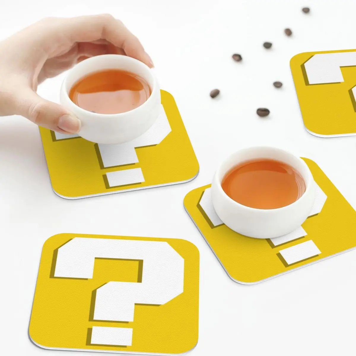 Question Mark Block Box Parody Coasters PVC Leather Placemats Waterproof Insulation Coffee Mats Home Dining Pads Set of 4