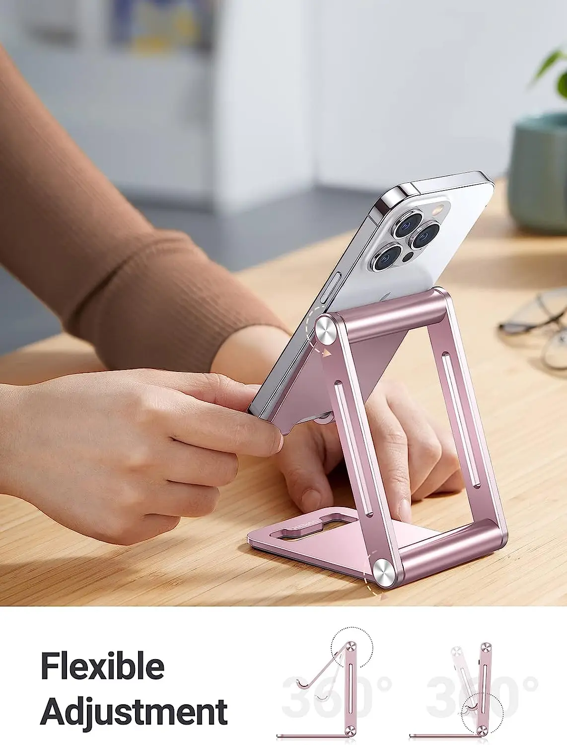UGREEN Foldable Phone Stand Compact Basic Phone Stand Angle Adjustable Dual Supporting Arms Holder Pink