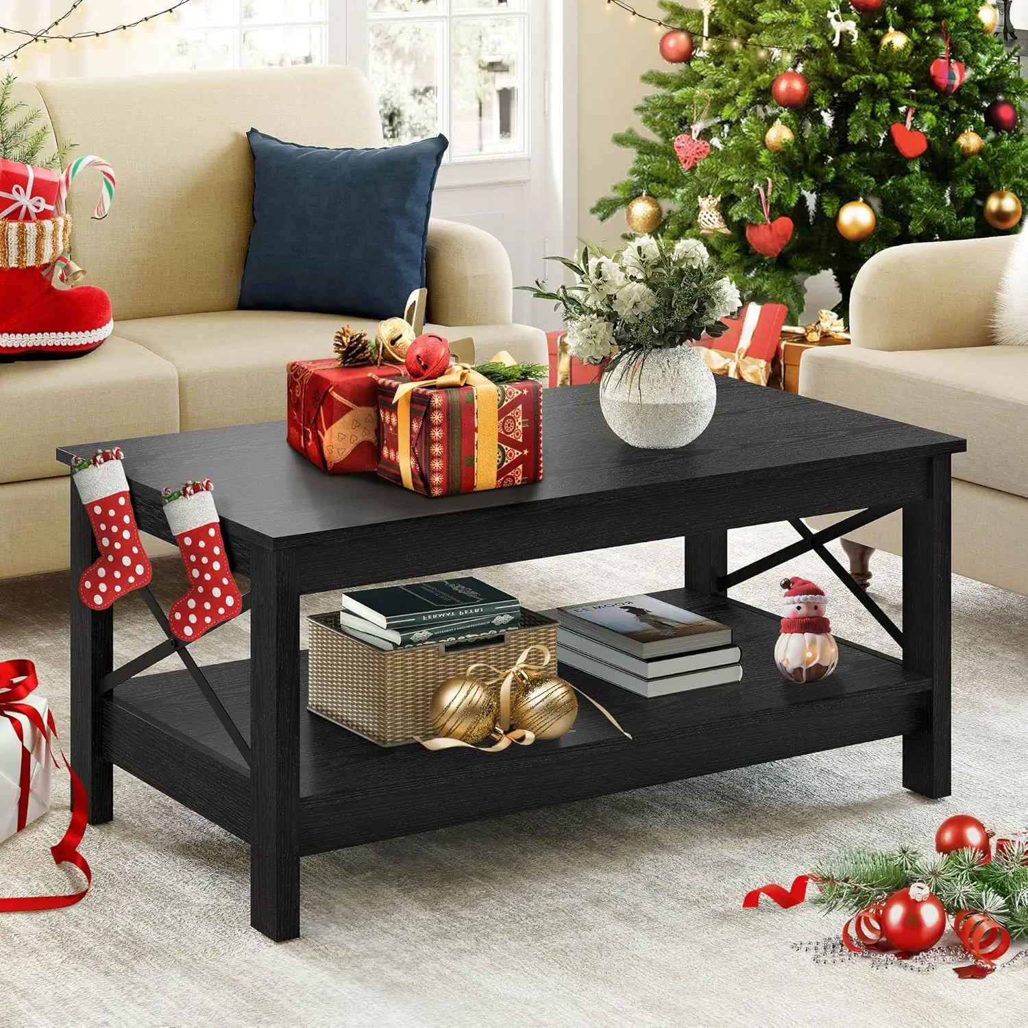 Coffee Table for Living Room,Modern Farmhouse Coffee Table with Storage,2-Tier Center Table for Living Room