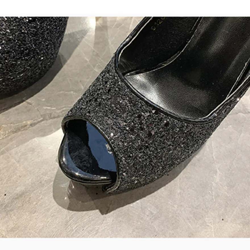 10/12/14cm Super High Heels Women Pumps 2024 Autumn Fashion Sequined Cloth Peep Toe Shoes Black Platform Sexy Ladies Party Dress