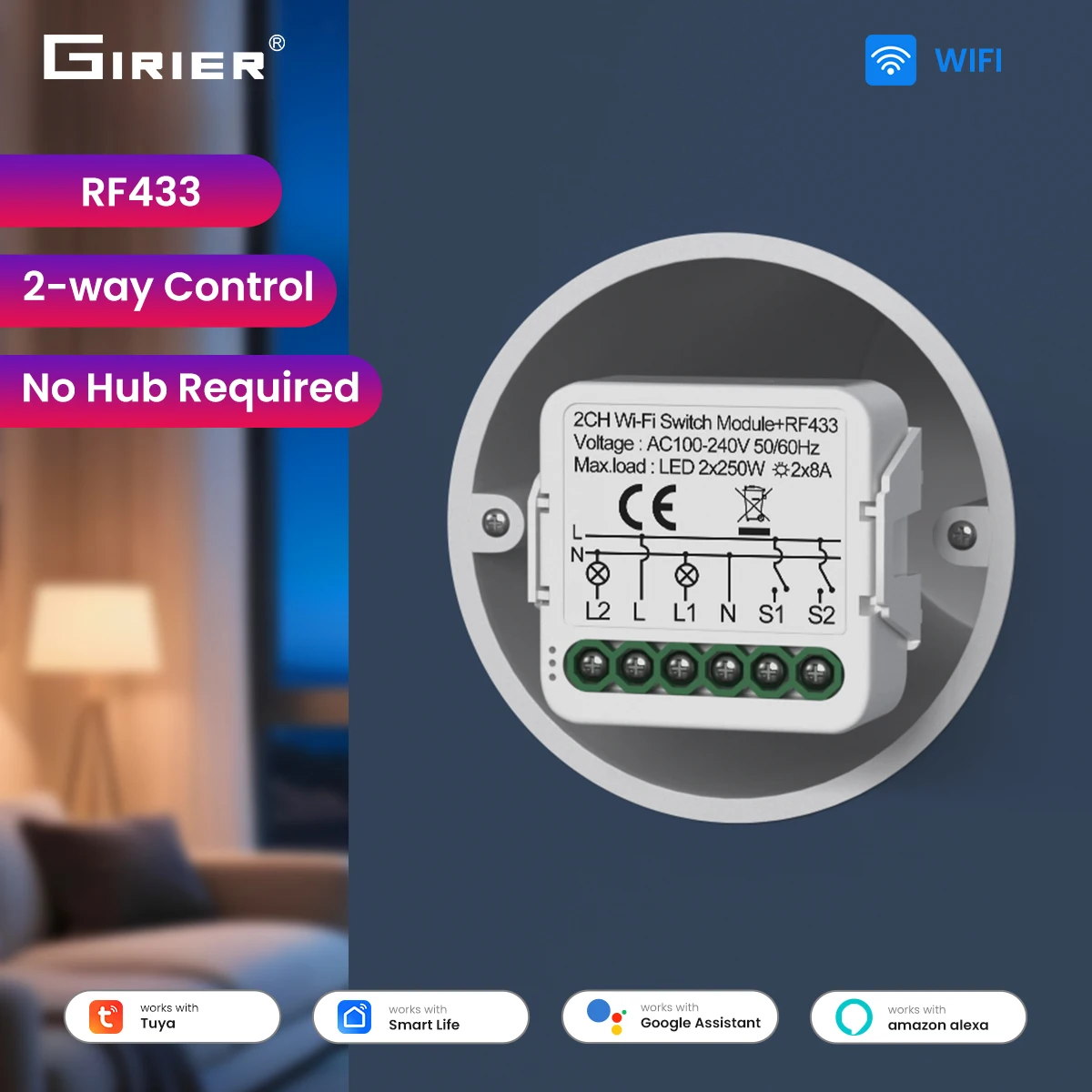 

GIRIER Tuya WiFi Smart Switch Module RF433 Neutral Wire Required 1/2/3/4CH Supports Two-way Control Works with Alexa Hey Google