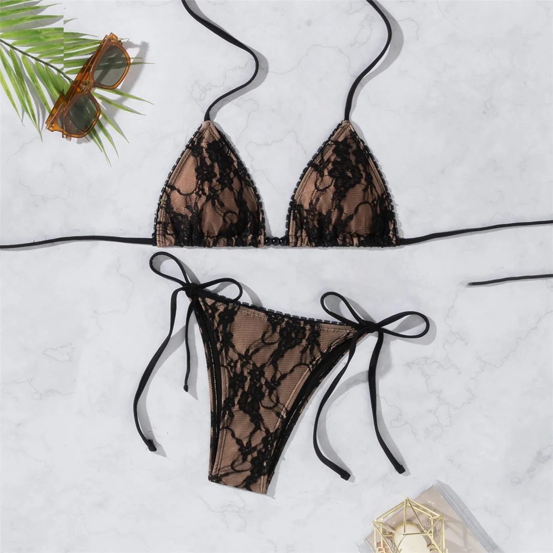 XS - L Neuer Bikini mit Spitze und Neckholder, zweiteiliger Badeanzug für Damen, Badebekleidung, gepolsterter Badeanzug mit Trägern, Badeanzug, Modell V7616. – Detail 2