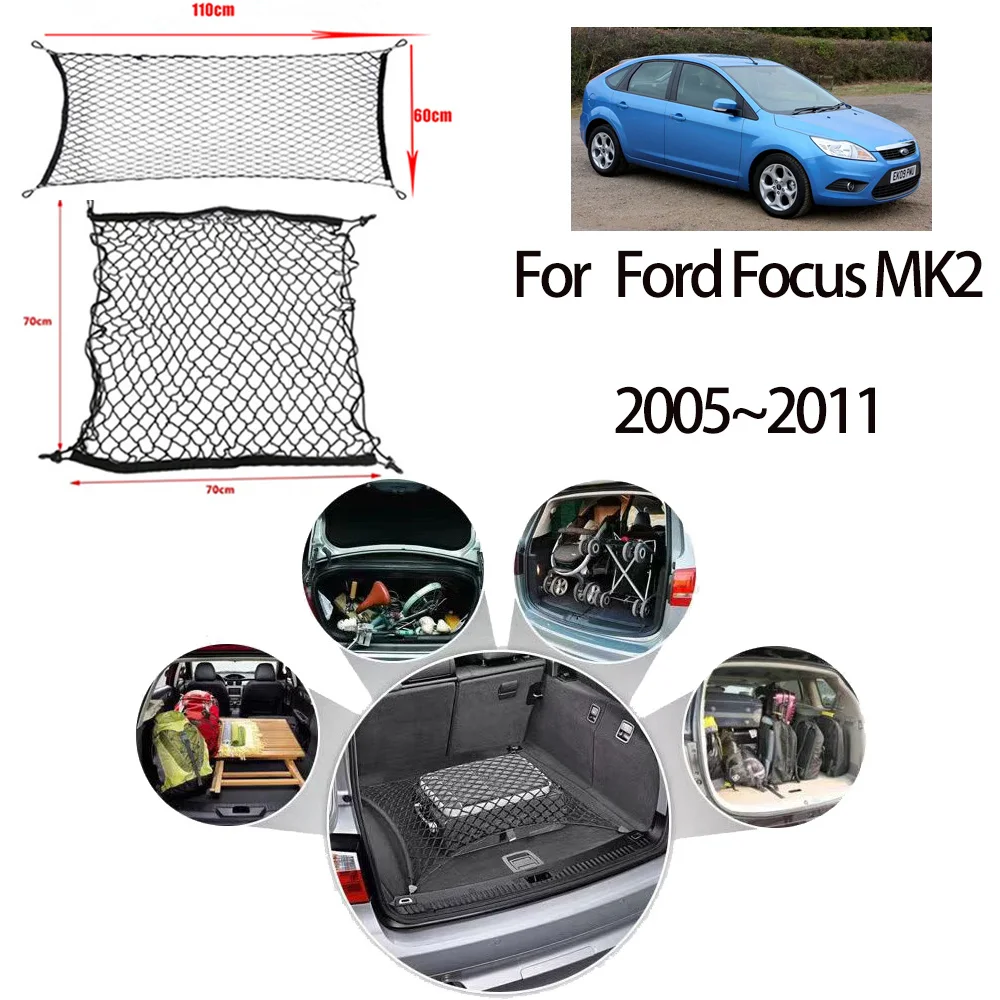 Car Trunk Net For Ford Focus MK2 2005~2011 Accessories Luggage Bags Storage Cargo Organiser Nylon Elastic Mesh 2008 2009 2010