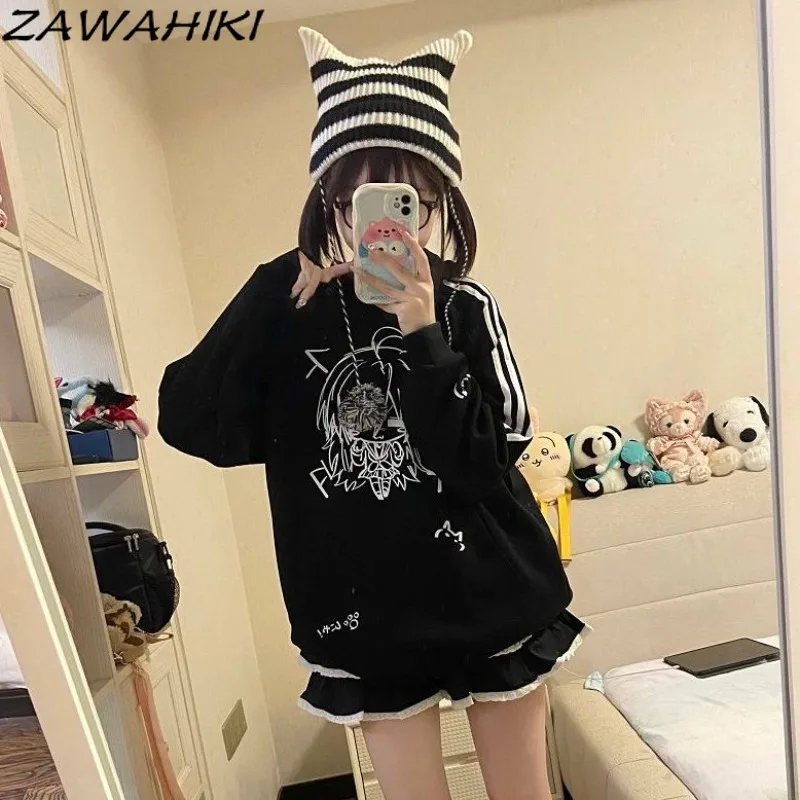 Japanese Hoodies Women Kawaii Cartoon Print Top Female Pocket Design Striped Pullovers Preppy Office Lady Fashion Ropa Mujer