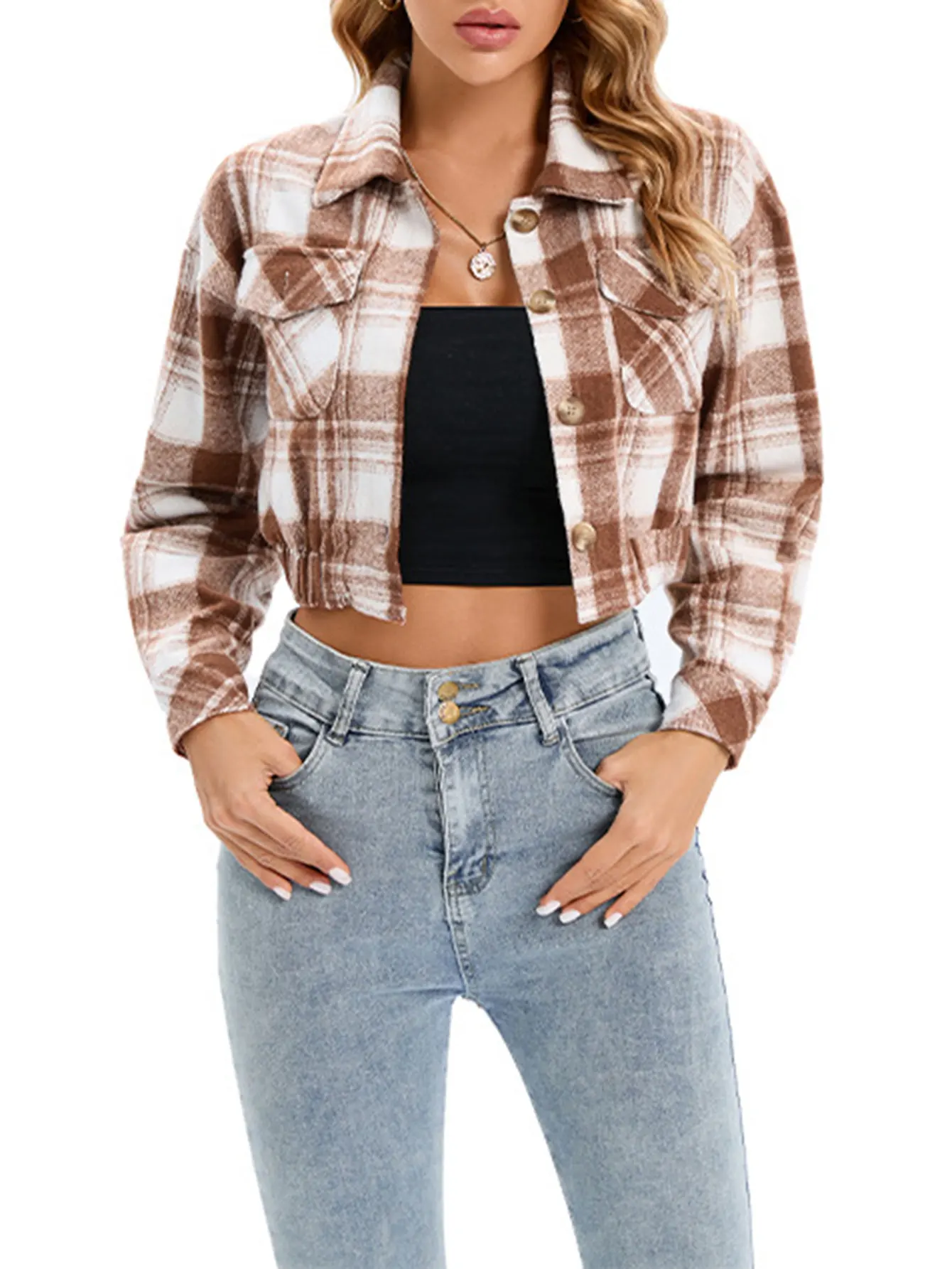 

Women's Plaid Cropped Coat Winter Fashion Comfortable Long Sleeve Lapel Street Daily Outerwear