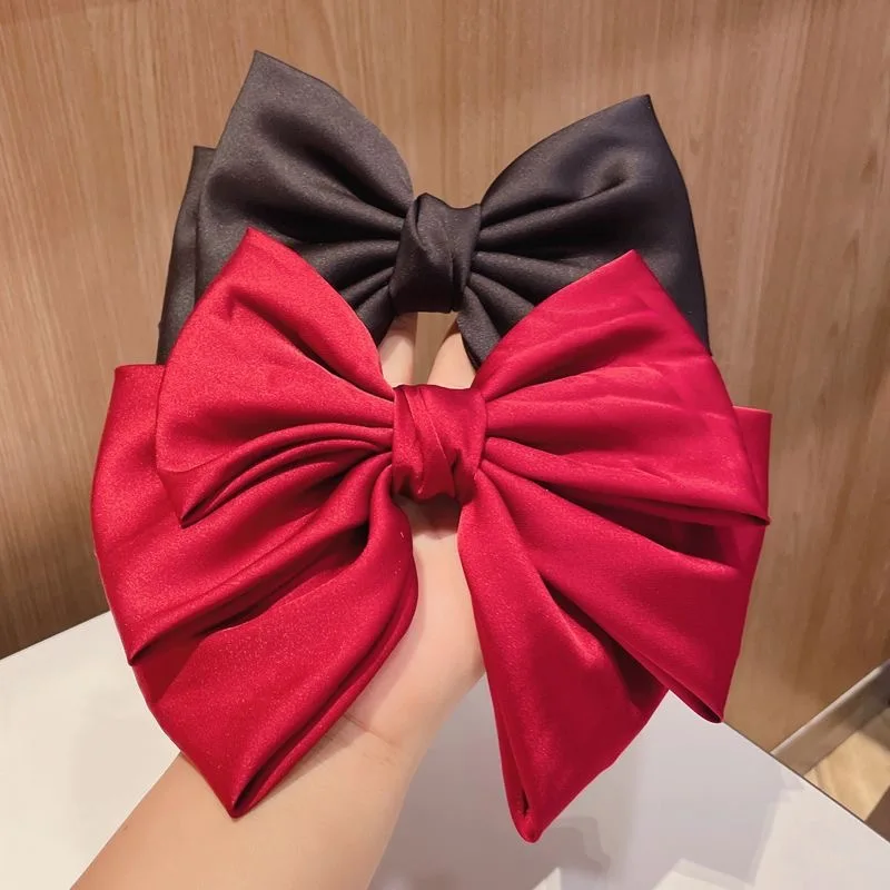 Elegant Satin Silk Large Bow Hair Clips Barrettes Women Girls Solid Black Ribbon Big Bowknot Hairpins Hair Accessories Fashion