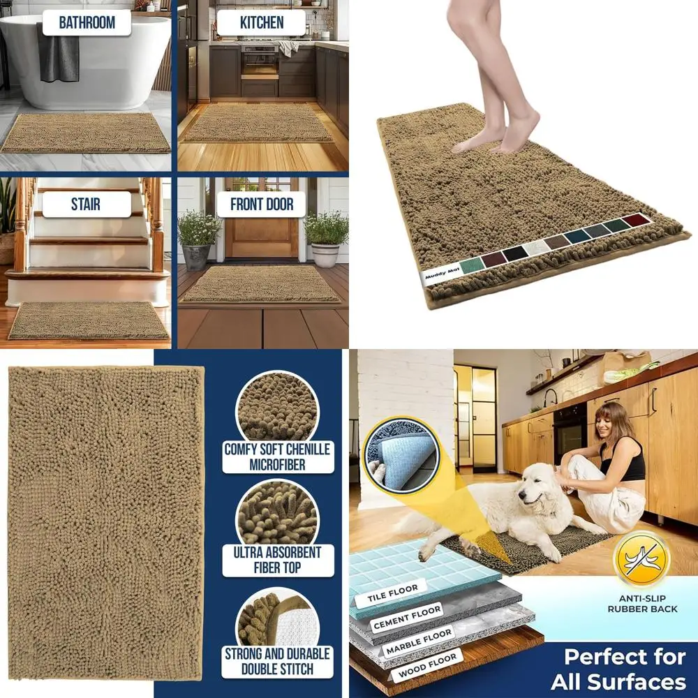 

Quick-Dry Chenille Bath Mat - Non-Slip, Thick, Soft, Absorbent for Bathroom and Shower, Beige Runner 59x24