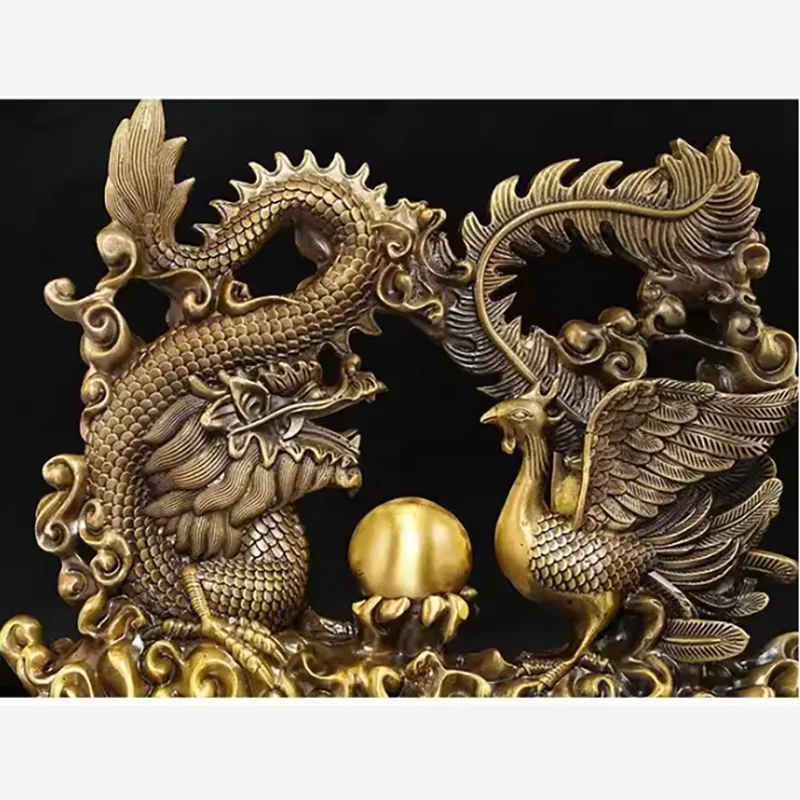 Feng Shui Brass Dragon and Phoenix Statue， Solid Copper Long Feng Ornament， Chinese Auspicious Symbol for Office Home Desk， H
