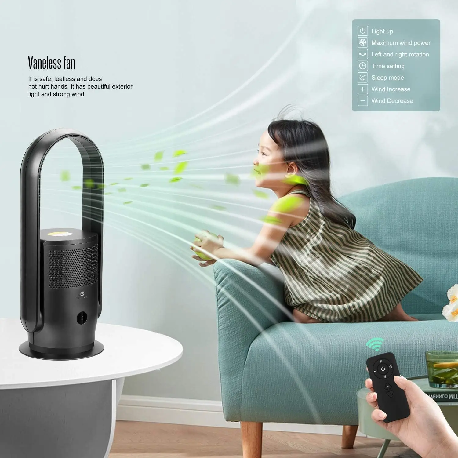 Bladeless Tower Fan and Air Purifier in one, 90° Oscillating Bladeless Fan with Remote, Touch, 8H Timer, Floor Fans for Bedroom