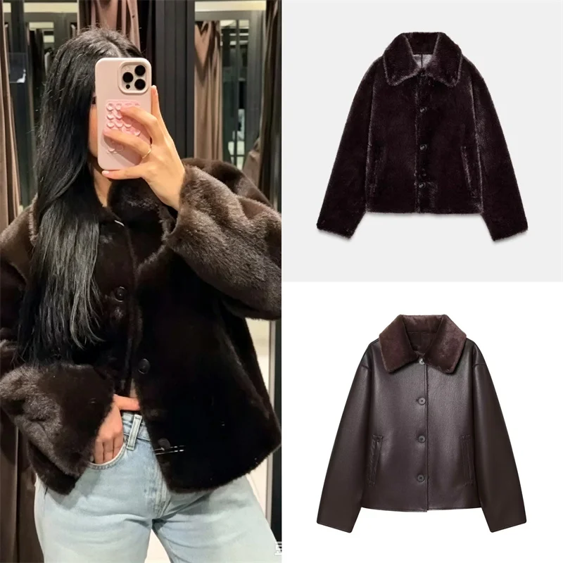 Guobioziy Women's Jacket 2026 Fall/Winter New Fashion Double-Sided Wear Faux Leather Reversible Sheepskin Short Coat