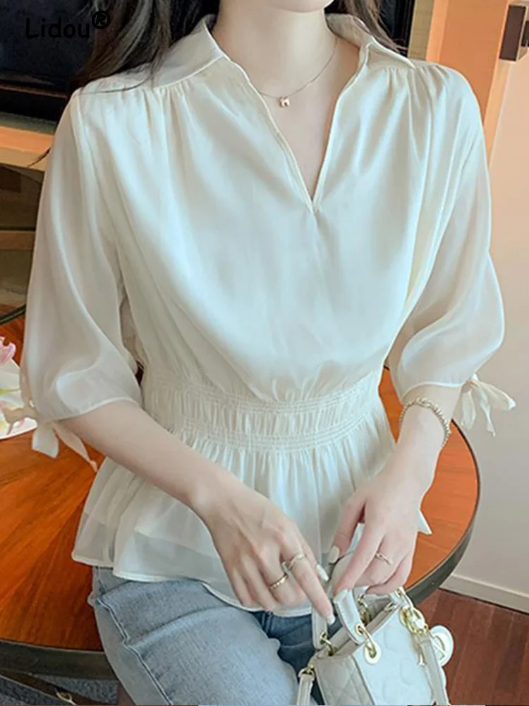 

Women's Polo-Neck Shirt, Monochromatic, Waist Ruffles Chiffon Shirt, Women's Clothing, New Half Pullovers, Elegant Fashion,