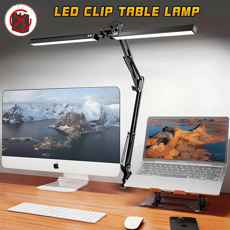 

Настольная светодиодная лампа с двумя головками и зажимом, трансформируемая, для архитекторов, ультраяркая, с автоматическим затемнением, для чтения, для дома и офиса