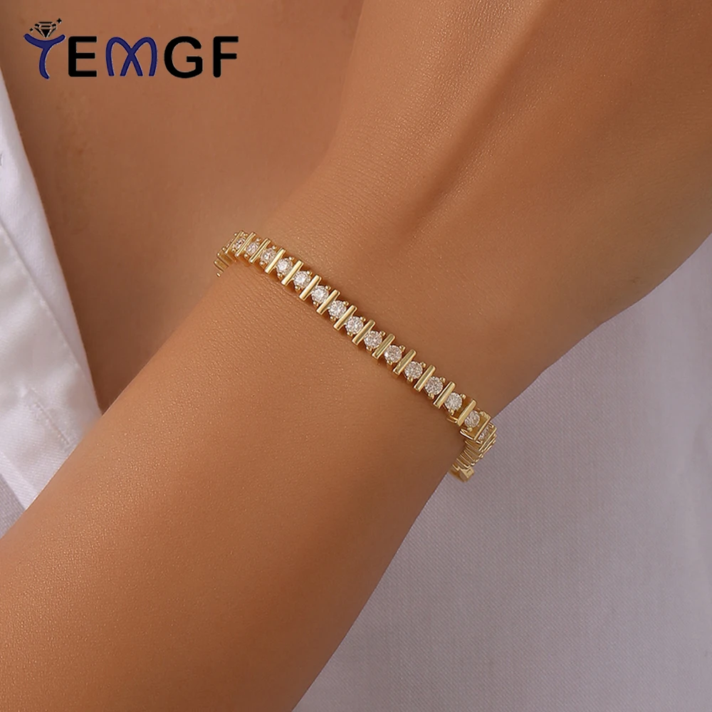 

TEMGF Full 3mm Moissanite Bracelet Certified 20.5cm 925 Silver Plated 18K Gold Diagonal Claw Embedding Chain Wrist Fine Jewelry