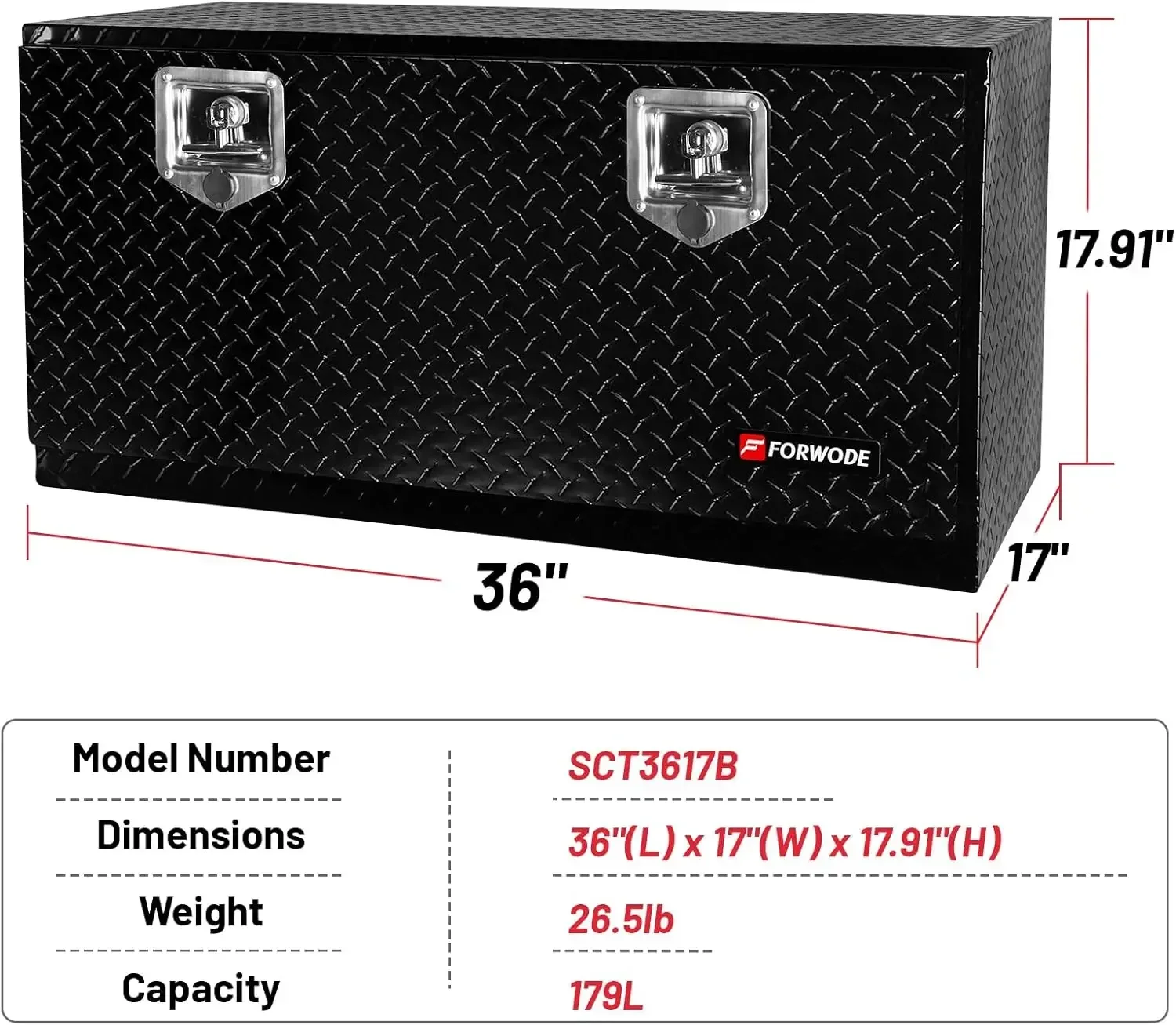 36x17x18 Inch Underbody Truck Tool Box Aluminum Trailer Tool Box with Lock & Foldable T-Handle Waterproof Truck Storage Box for