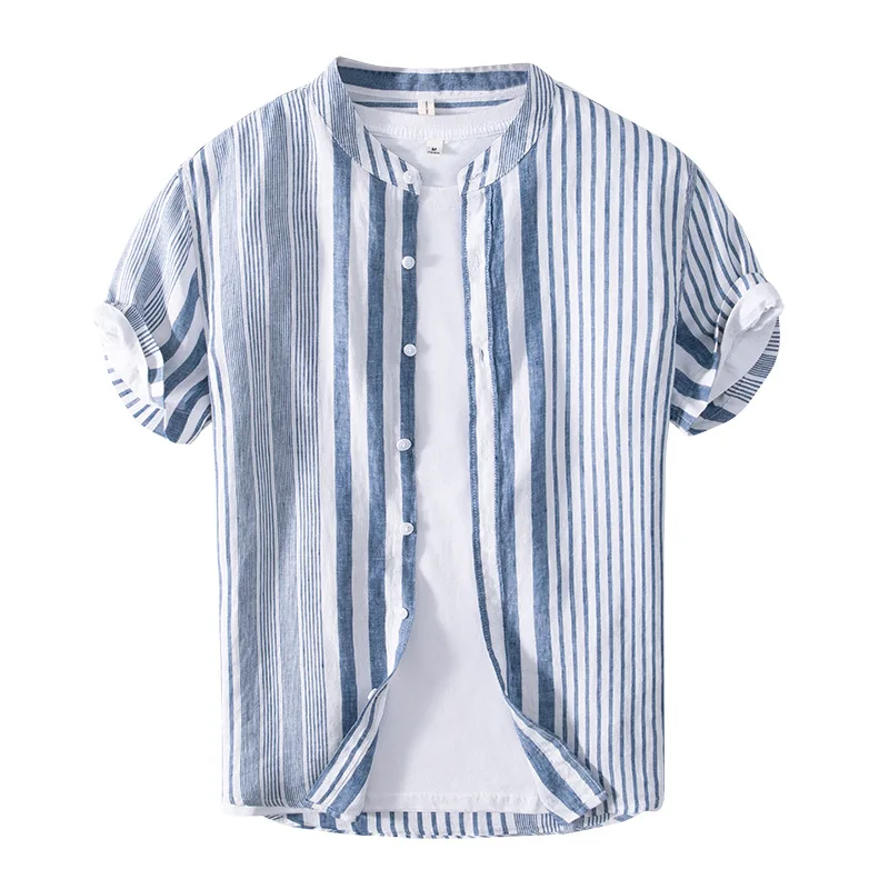 2024 Men's Summer Half Sleeve Striped Shirt Casual Linen Breathable Color Matching Short Sleeve Shirt