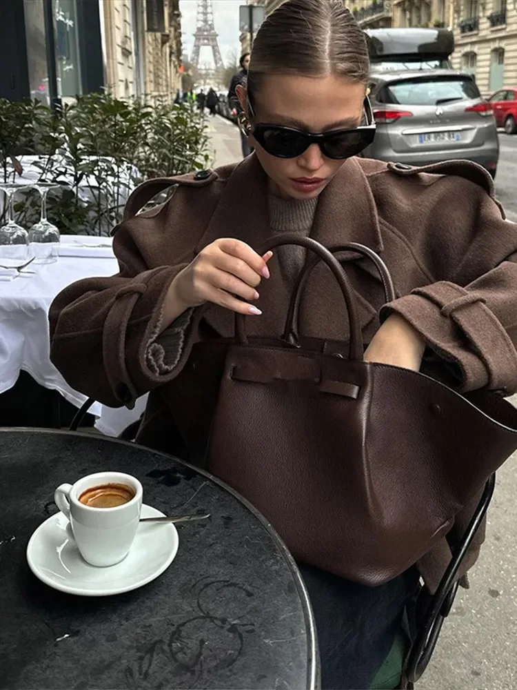 2024 New Women\'s Coffee Wool Blend Coat Casual Lapel Double-breasted Long Sleeve Jacket Ladies Fashion Commute Street Outerwear