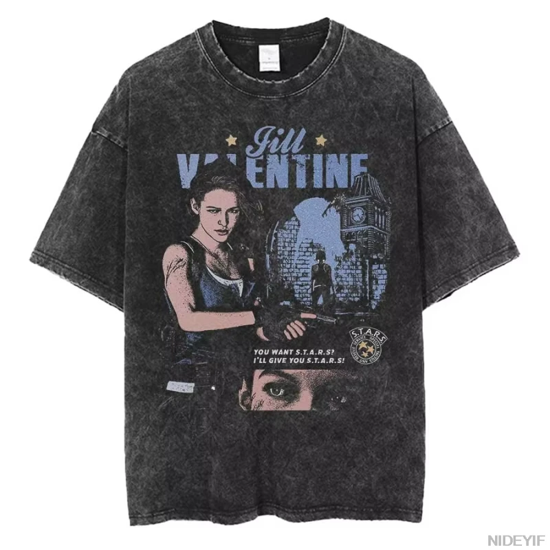 1990S Resident Evil Biohazard Leon Kennedy Oversized T shirt 100% Cotton Vintage Washed T-shirt for men women