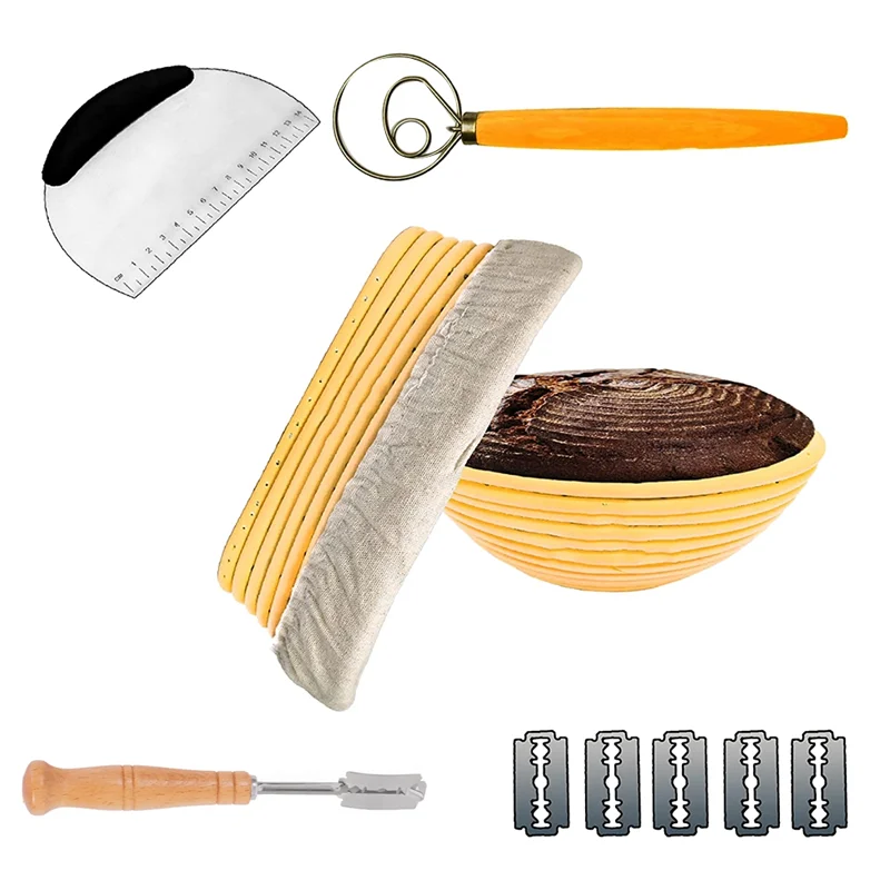 Bread Proofing Basket SET of 2 with Starter Kit-Round and Ovel Bread Baking Bowl Tools -Bread Lame- Dough Scraper