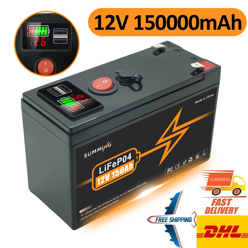 

12V 18650 Lithium Battery 150Ah LiFePO4 4000+ Deep Cycles Built-in BMS,for UPS, Kayak Fish Finder, Solar Panel,Power Wheels