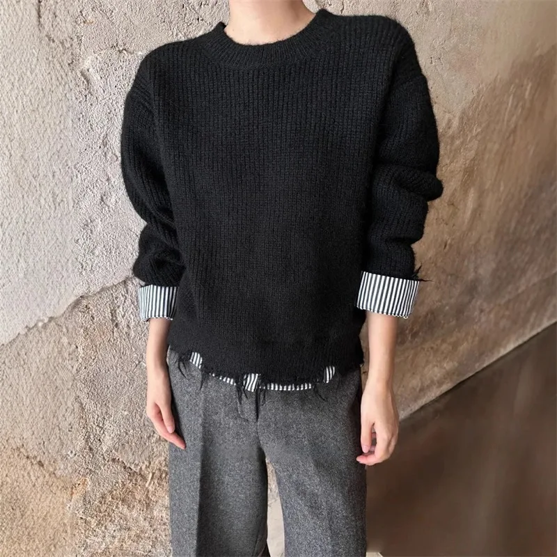 

Шикарный полосатый лоскутный женский пуловер, модный рваный вязаный топ с круглым вырезом по подолу, свободный свитер с длинными рукавами в корейском стиле