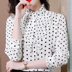 #2525 Polka Dot Printed Chiffon Shirt Women Ruffles Collar Office Shirt Long Sleeve Slim Spliced Ruffles Ladies Tops And Blouses