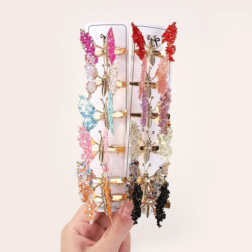 6pcs Elegant Shiny Star Sequins Tassel Butterfly Hairpin for Women Girls Trembling Side Clip Moving Butterfly Hair Accessories