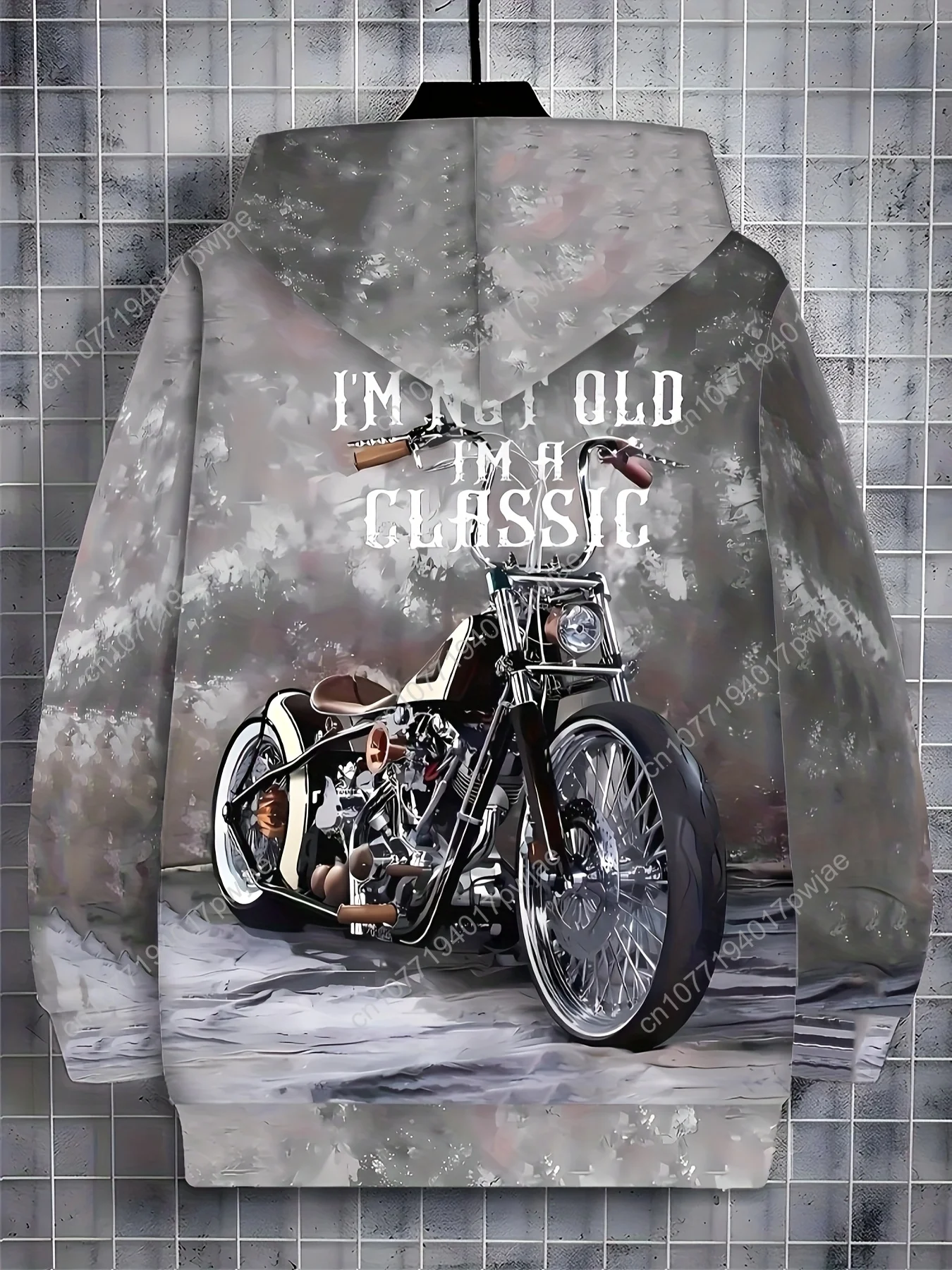 [Мотоциклетная толстовка с принтом] Легкая мужская толстовка на молнии с мотоциклетным принтом из 100% полиэстера |   Винтажный геометрический дизайн, R