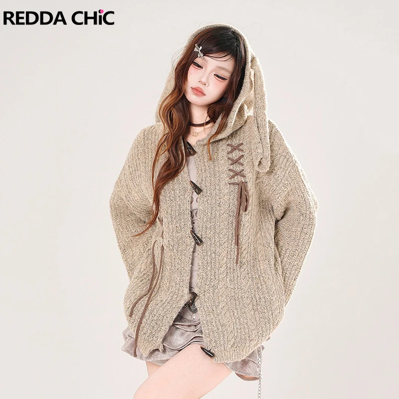 

REDDACHiC Rabbit Ears Hooded Cardigan Sweater Cute Lounge Button Down Laced Detail Knit Sweater Jacket New In Fall Women Clothes