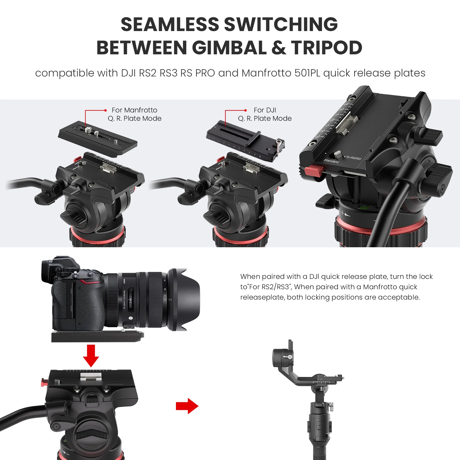 Tripod Head Tripod Pan Tilt Hydraulic Fluid Video Head Quick Release Plate Compatible with Dji Rs Gimbals Manfrotto Dslr Camera