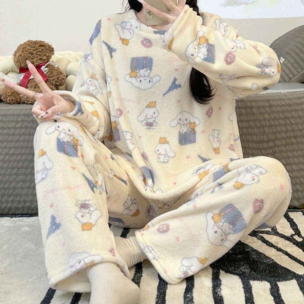 Sanrio Pompom Purin Winter Pajamas Y2K Kawaii Cartoon Women's Warm Sleepwear Pant Long Sleeve Nightwear Flannel Home Clothes New view 6