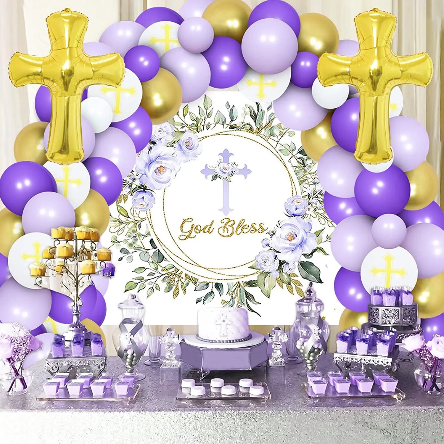 

Purple Baptism Party Decorations for Girls Christening Balloon Arch Kit with God Bless Backdrop Confirmation Party Supplies