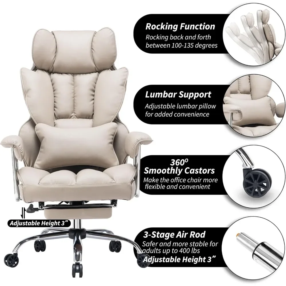 Executive Office Chair for Heavy People, High Back Computer Chair with Foot Rest, Height Adjustable PU Leather Office Chair