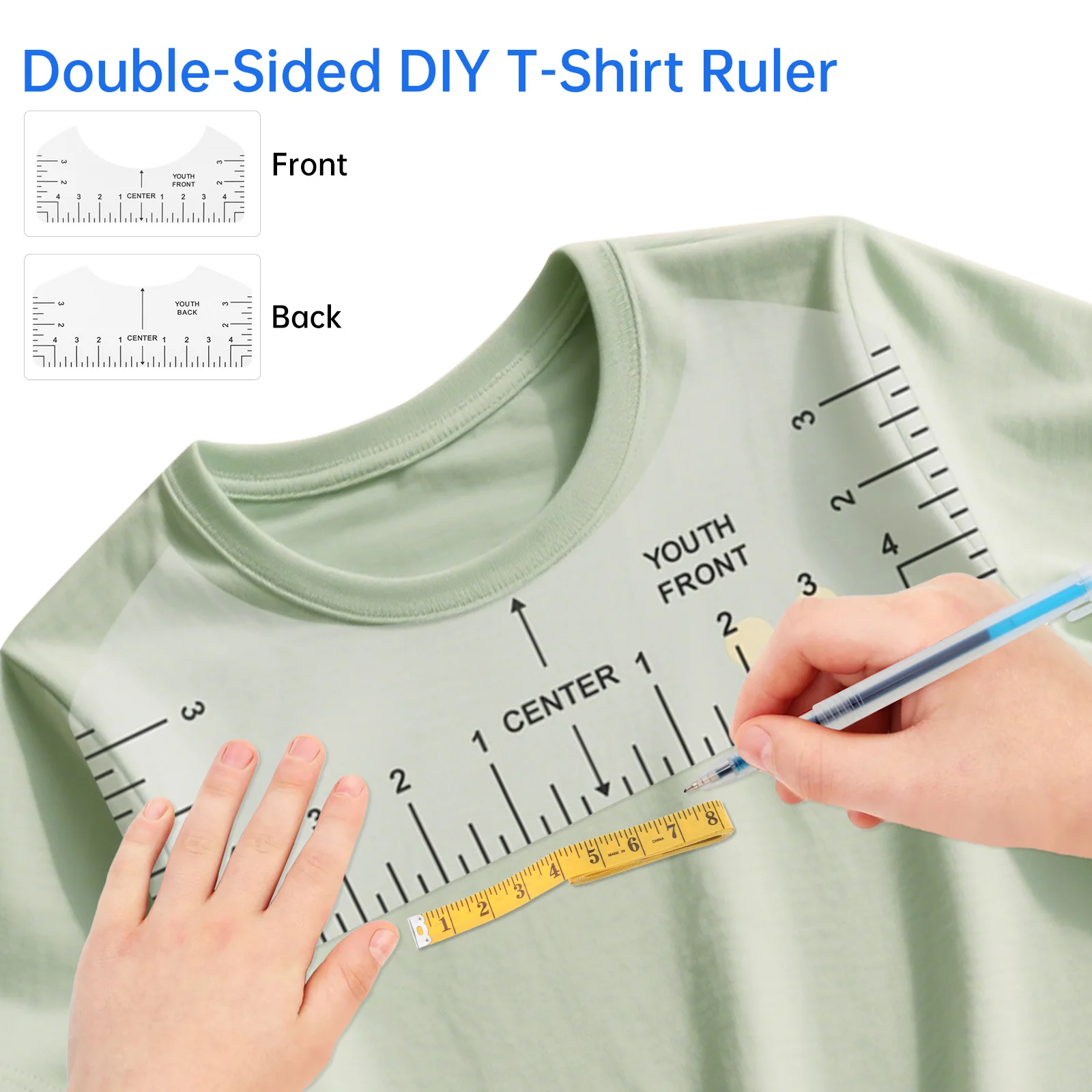 Transparent T-shirt Ruler Guide Kit for Heat Press HTV Vinyl Center Designs Craft Sewing Tool Supplies with Tape Measure