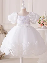 Baby Girl Baptism White Princess Lace Mesh Shorts Sleeve Wedding Bridesmaid Dresses With Bow knot For Carnival Evening Party