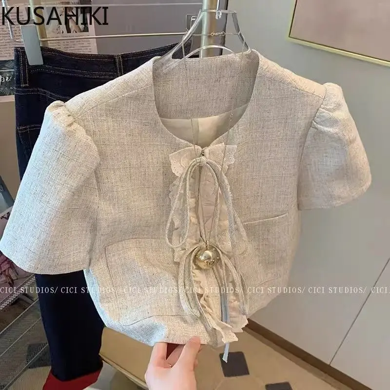 

KUSAHIKI French Puff Sleeves Lace Tie Shirt for Women's Summer 2024 New Korean Style Short Top