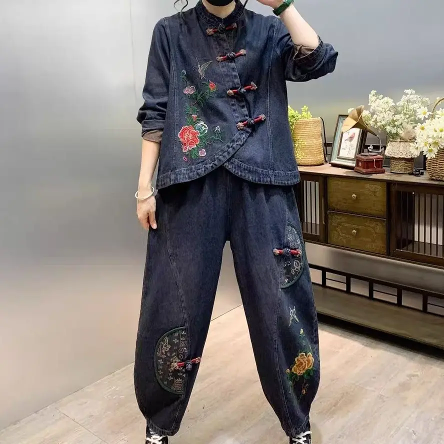 Ensemble deux pièces en denim brodé de fleurs pour femmes, bouton vintage, polyvalent, jeans à la mode, costume 3585