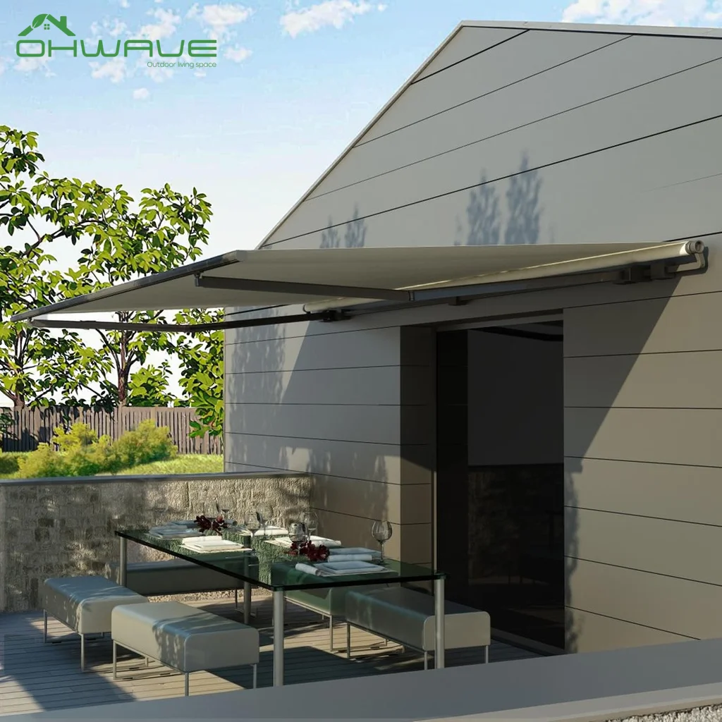 Modern Retractable Manual Full Cassette Awning Aluminum Alloy Frame Shading Awning for Patio Rain Canopy
