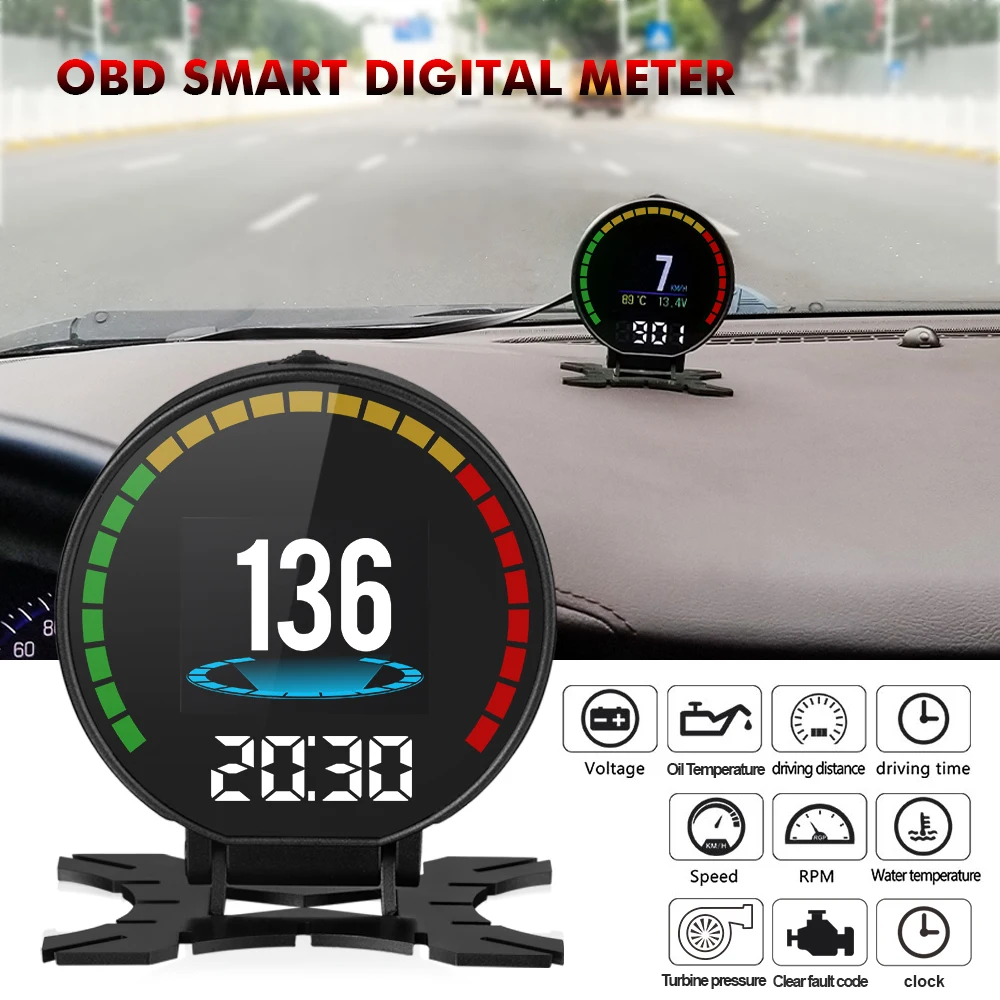 

P15 OBD Smart Head Up Display Automatic Speedometer Water&Oil Temperature Gauge RPM Turbine Clock Digital Multi-functional Meter