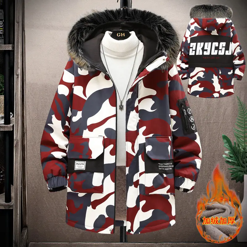 

2025 Winter New Men's High Quality Thick Wool Collar Medium Long Cotton Jacket Casual Fashion Flower Ribbon Hat Jacket