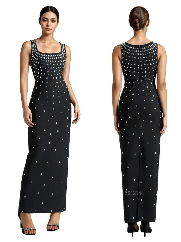 

2025 New Diamonds Hot Rhinestones Square Collar Women Sleeveless Bodycon Long Dress Birthday Party Evening Prom Maxi Dresses