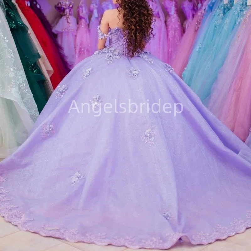 Angelsbride gaun pesta Meksiko elegan gaun Quinceanera 3D Floral putri selebriti gaun 16 manis Vestidos De Fiesta