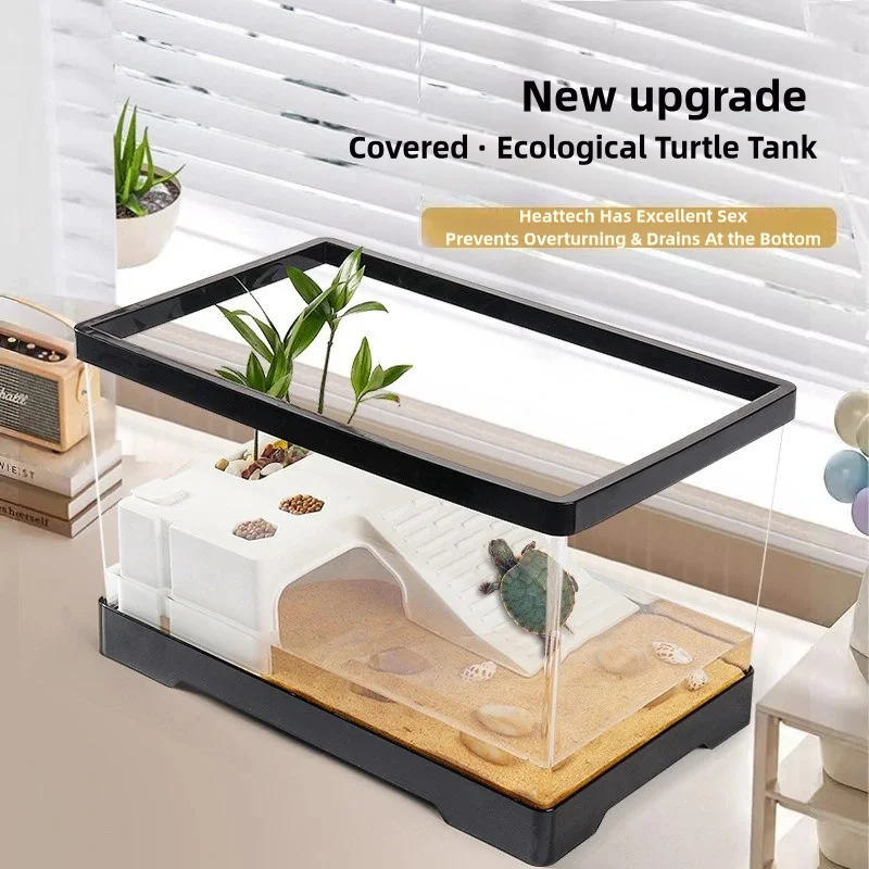 Tanque de tortuga transparente con área de alimentación de raza, jaula para hábitat de reptiles, tanque de tortuga, caja de drenaje inferior,